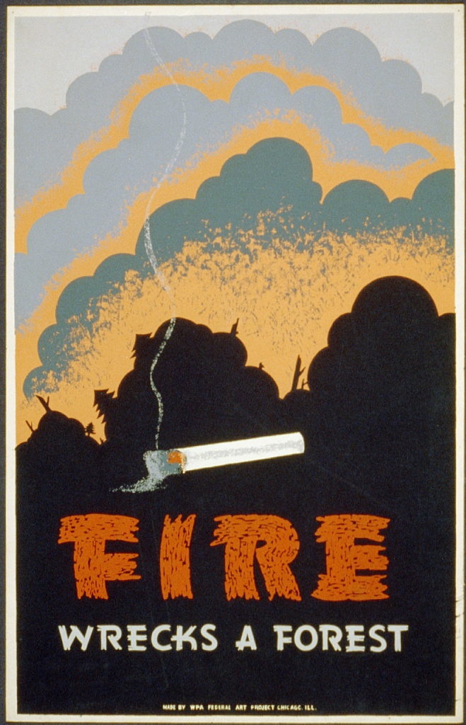 Огонь уничтожает лес! Плакат 1938 года, США