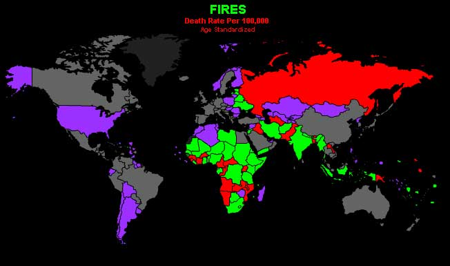 Карта распределения количества жертв пожаров на 100.000 населения